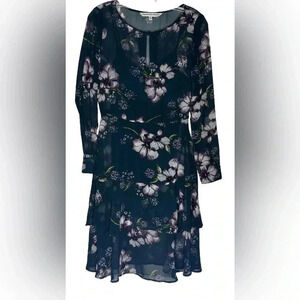 Cupcakes and cashmere Floral Chiffon Midi Flare Dress Long Sleeve Women Size XS
